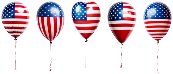 Set of  American flag balloons isolated cutout on transparent background. 4th of July USA Independence Day. Mockup template for graphic design. advertisement. product presentation.