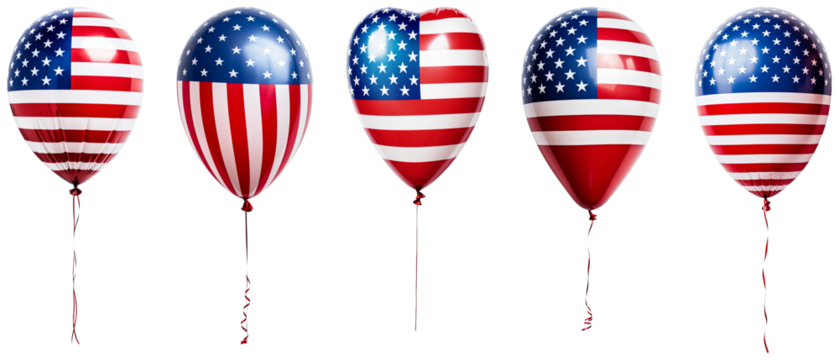 Set of  American flag balloons isolated cutout on transparent background. 4th of July USA Independence Day. Mockup template for graphic design. advertisement. product presentation.