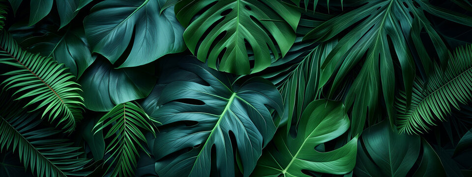 Tropical leaves background. Green leaf banner and floral jungle pattern concept. abstract green leaf texture.