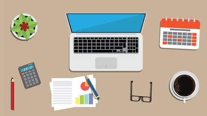 Office Table with Laptop and Appliances Top View Flat. Work from home and business concept vector