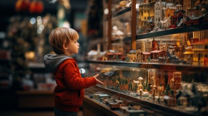 A young child in a red hoodie marvels at a magical display of miniature buildings in a toy store, creating an enchanting shopping scene.