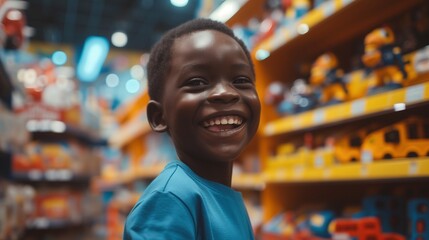 Joyful young boy in a blue t-shirt with a beaming smile explores a toy store, capturing the heartwarming excitement of a child's adventure.