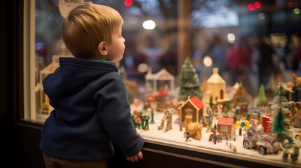 Young child enchanted by a festive window display, full of miniature holiday village scenes, reflecting the joy and wonder of the season.
