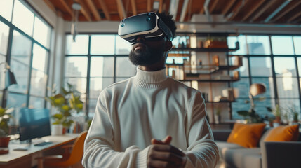 Black tall man in his home office with VR glasses doing productivity apps in his modern loft. Generative AI.