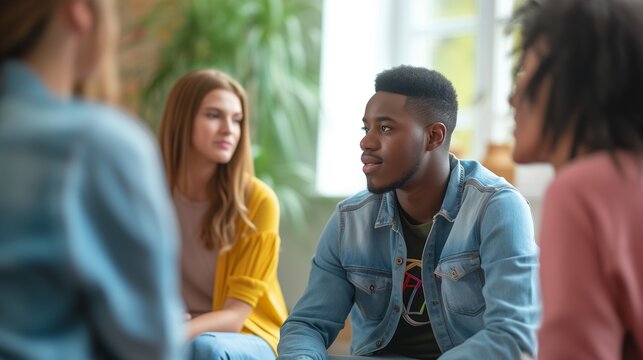 Engaged young adults in a therapeutic group session, fostering a supportive environment for open discussion and mutual understanding.