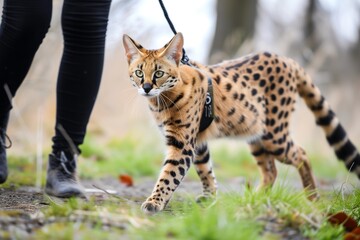 a serval cat walking on a leash alongside its owner outdoors