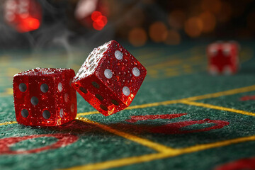 Dice Roll. Action Shot of Dice Being Thrown on a Craps Table - obrazy, fototapety, plakaty
