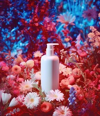 White Beauty Packaging Bottle , White Lotion Bottle, Serum Pump Bottle in Floral Spring Flower Garden, Beauty Packaging Mockup
