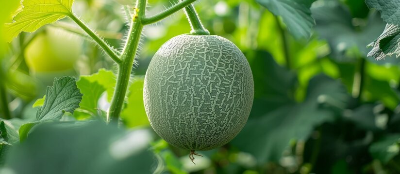Green melon on a plant in nature, seen up close.