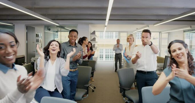 Businesspeople, clapping and celebration for support in office, team building and success. Coworkers, diversity and unity for achievement, applause and pov for good news and salary increase for you