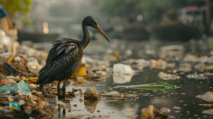Naklejka premium Dirty bird stands among garbage and plastic trash. Environmental pollution, toxic emissions into water, oil pollution, The environment is not good.