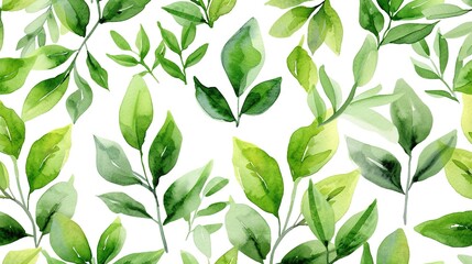 Green foliage watercolor seamless pattern, generative ai,  - obrazy, fototapety, plakaty