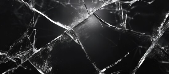 Cracked glass and mirror on a black backdrop, abstractly isolated.