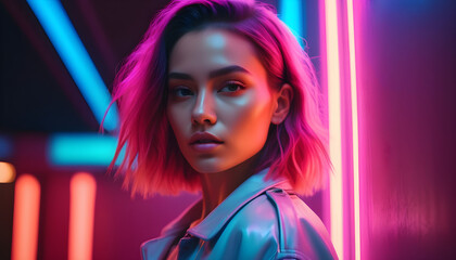 Fashion-forward woman with vibrant neon lighting