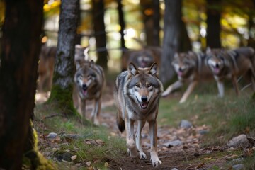 wolf pack roaming, forest floor and trees in view