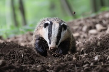Fototapeta premium badger digging, kicking dirt towards the camera