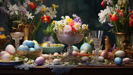 Obraz na płótnie Canvas An elegant Easter celebration table setting featuring a gilded egg holder with pastel-colored eggs under a glass dome, surrounded by delicate china teacups and plates with floral motifs. 
