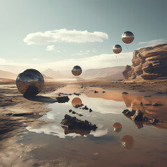 A surreal desert landscape with floating rocks.