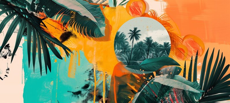 Vibrant vintage-inspired collage featuring palm trees within a circular frame, surrounded by abstract summer motifs in warm, citrusy shades of orange and turquoise.