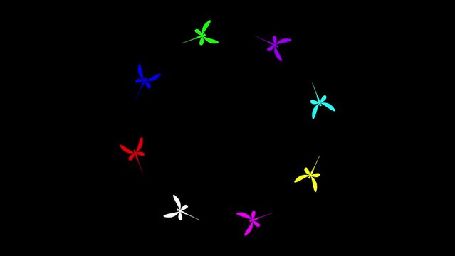 Circling colorful dragonflies animation on plain black background