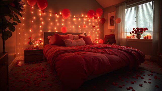 Romantic Red Balloons and Roses: A Valentine's Day Bedroom Decoration Generative AI