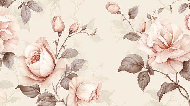 Luxurious roses wallpaper in vintage style. Floral seamless pattern with blossom buds over linear background, generative ai