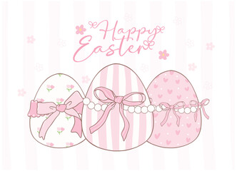 Cute Pink Coquette Easter eggs Cartoon banner, sweet Retro Happy Easter spring animal Hand Drawing.