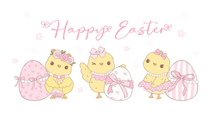 Cute Pink Coquette Easter, group of Chicks with eggs Cartoon banner, sweet Retro Happy Easter spring animal Hand Drawing.
