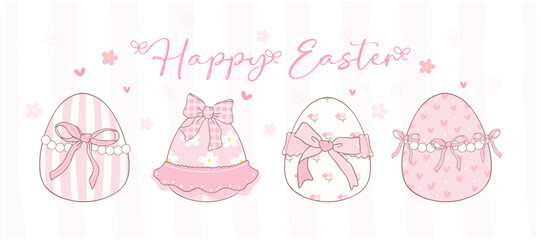 Cute Pink Coquette Easter eggs Cartoon banner, sweet Retro Happy Easter spring animal Hand Drawing.