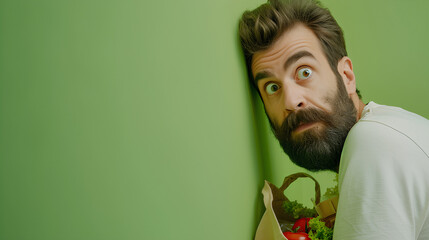 Funny man who offers something secret to say or offer, offers to buy food, holding a bag of groceries