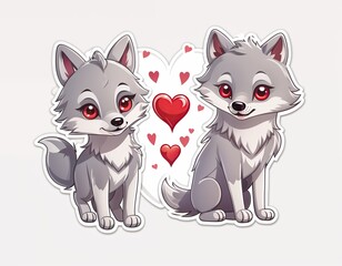 two cartoon wolves sitting next to each other, surrounded by red hearts