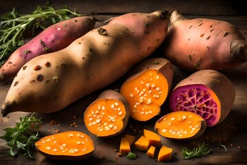 sweet potatoes, of  their orange flesh and rustic appearance