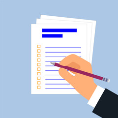 Checklist with businessman hand holding pencil. Flat vector illustration.