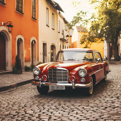 A vintage car parked on a cobblestone street.