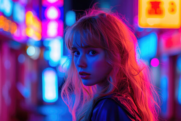 portrait of a young woman at night in a neon signs