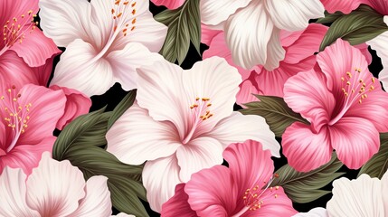 Pink Amaryllis. Pink Hibiscus. White Camellia. Pink Peony. Illustration. Seamless background pattern. Floral botanical flower. Wild leaf wildflower isolated. Exotic tropical hawaiian jungle. Fabric ,  - obrazy, fototapety, plakaty