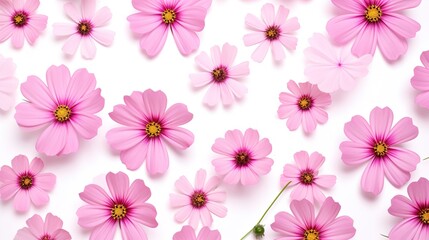 Pink cosmos flowers isolated on white background, top view, seamless pattern. Abstract floral background, creative flat layout, generative ai, 