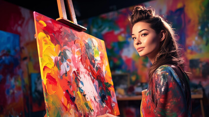 Female painter or artist is painting on a colorful abstract canvas on an easel