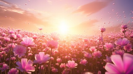 Pink flower field with light sunshine in the evening., generative ai,  - obrazy, fototapety, plakaty