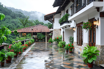 Mountain resort hotel with flowering plants after rain. Tranquil travel destinations.