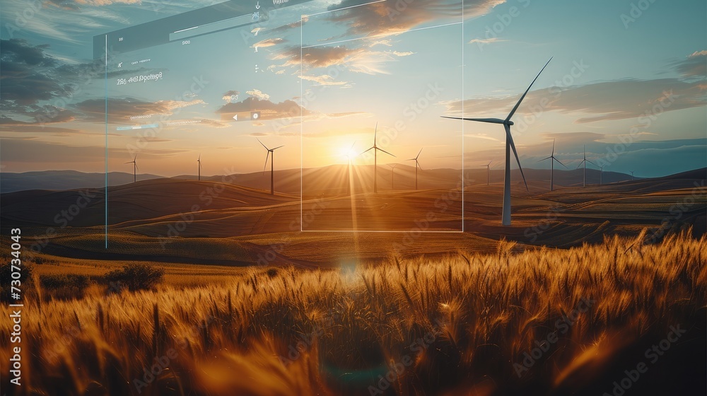 Poster A software that calculates the effect of wind turbines in a landscape. Generative AI.