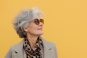 Portrait of good looking senior woman wears spectacles with pleased expressionisolated over colorful background. People age concept. Image of a beautiful and elegant middle-aged woman