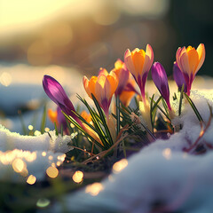 Colorful crocus flowers and grass growing from the melting snow and sunshine in the background....