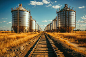Obraz premium Agricultural landscape. Wheat fields flourish with silos and grain storage facilities, emblematic of modern farming technology and rural prosperity