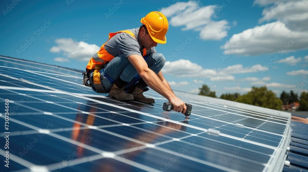 Poster solar panel technician with drill installing solar panels on house roof during the assembly of a pho