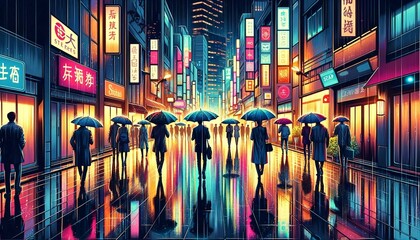 Bustling City Street in the Rain with Umbrellas and Neon Reflections - Generative AI