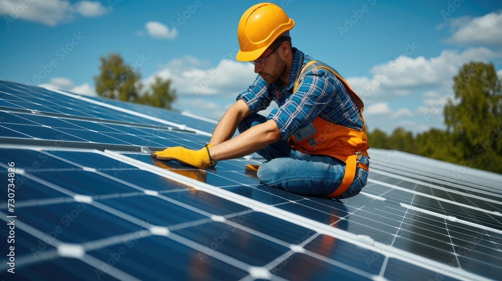 Poster solar panel technician with drill installing solar panels on house roof during the assembly of a pho