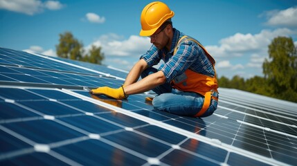 Solar panel technician with drill installing solar panels on house roof during the assembly of a photovoltaic system installation. Generative AI.