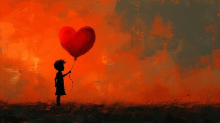 A kid holding heart shaped balloon alone on the street, sunset in the background.