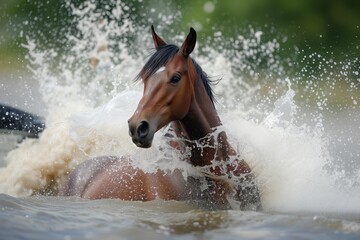 action shot of horse splashing through water obstacle towards viewer